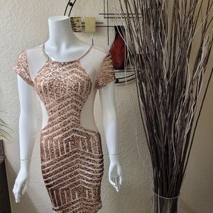 Gold Sequenced/Sheer Semi Formal Knee High Dress